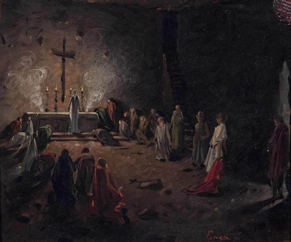 Nerone fuggente da Roma che entra nelle catacombe offrendosi ai cristiani, 1876 - Museo Civico di Modena